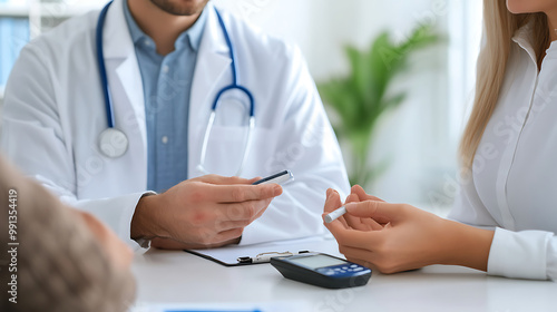 Patient and healthcare professional discussing a diabetes management plan in a bright, modern clinic