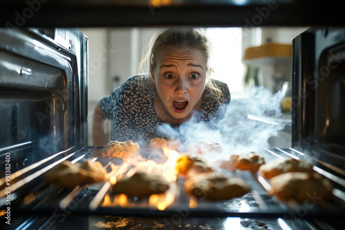 Young woman is staring in shock as her burnt cookies in the oven