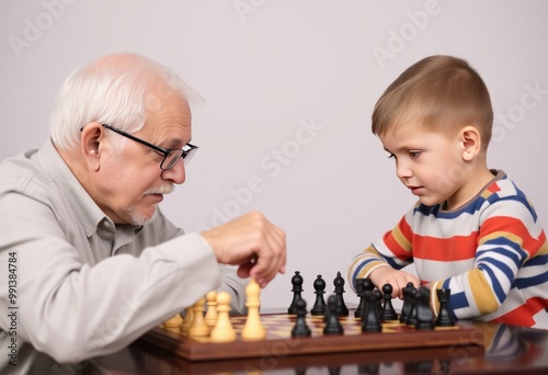 A grandfather and grandchild playing a game of chess and strateg