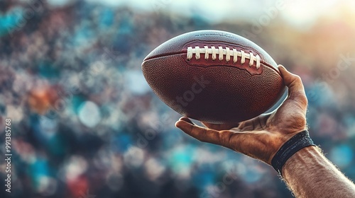 A close-up of a wide receivers hands catching a football in mid-air with intense focus as the crowd cheers Large space for text in center Stock Photo with copy space