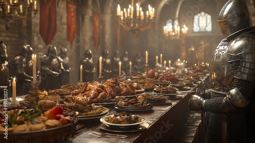 A grand medieval banquet with a lavish table filled with food, surrounded by armored knights in a grand hall. An epic celebration scene.