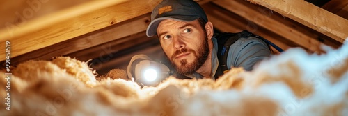 A pest control specialist, aged 30-40, inspects an attic for termites