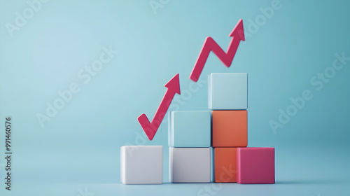 cubos de madera de colores simulando una grafica en crecimiento con flechas hacia arriba exito en los negocios aumento en las ventas estrategias de ventas