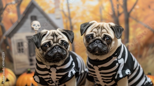 Two adorable pugs dressed in skeleton costumes, perfect for Halloween themed or pet costume ideas.