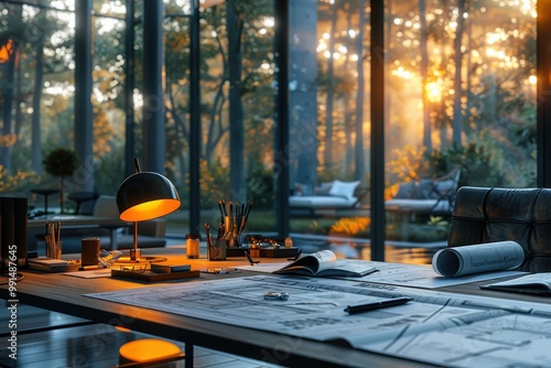 Architect's Table with Design Blueprints, Modern Lamp, and Reading Materials in Elegant Home Office Against Forest Backdrop at Sunrisearchitecture