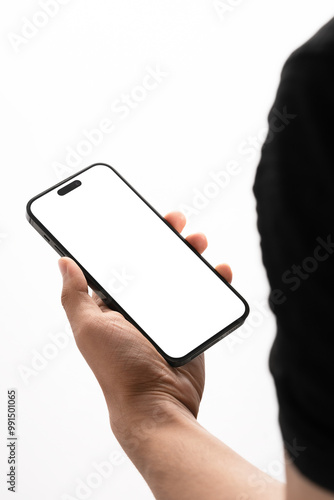 Hand holding smartphone mockup as png photo with blank screen isolated on white background. mobile phone hand mockup