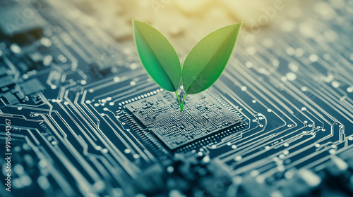 Planta crescendo em placa de circuito de computador simbolizando tecnologia e harmonia com a natureza