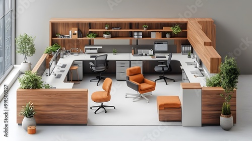 Office layout with ergonomic furniture and modern technology