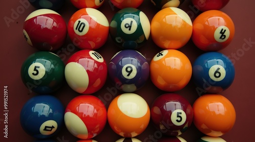 Top view of colorful billiard balls arranged in a grid pattern