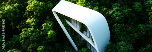 A sustainable green building environmentally friendly buildings Future green business idea Environmental sustainability goals in 2051. White building shape amidst pristine 