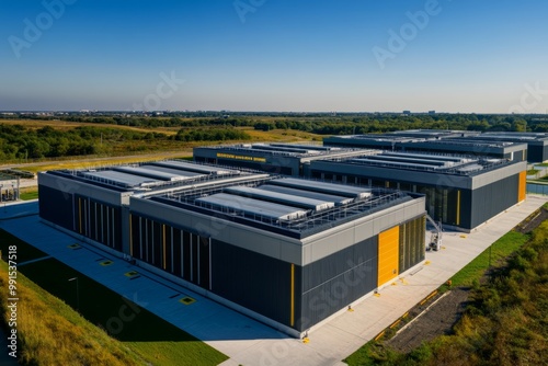 Aerial view of a photorealistic modern data center