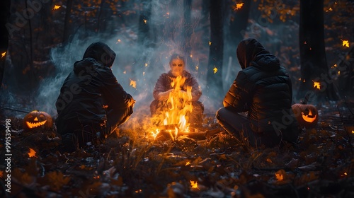 Halloween night campfire with teens telling ghost stories, surrounded by spooky decorations like glowing jack-o-lanterns and skeletons, firelight flickering, mist swirling around,