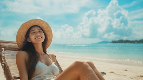 Summer beach travel vacation concept Happy traveler asian woman with hat relax on chair beach at Pattaya Chon Buri Thailand : Generative AI