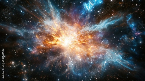 Exploding stars and supernovas in a vast cosmic scene, symbolizing the energy and expansion of the universe