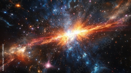 Exploding stars and supernovas in a vast cosmic scene, symbolizing the energy and expansion of the universe