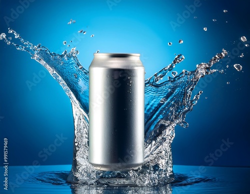 Dynamic scene of a can and water splash against a blue background.