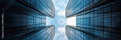 Perspective view looking up between two modern skyscrapers with reflective glass exteriors against a partly cloudy sky.