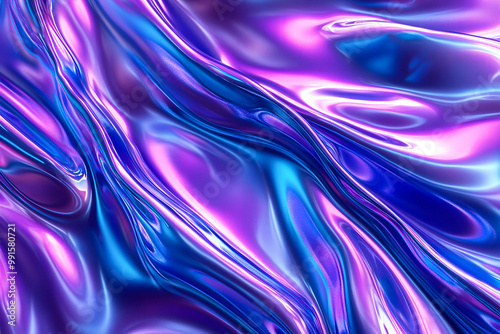 3d render Metallic liquid background. Abstract neon texture. Rainbow 3d holographic foil. Wavy glossy surface in blue and purple colors Background