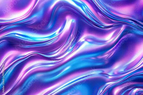 3d render Metallic liquid background. Abstract neon texture. Rainbow 3d holographic foil. Wavy glossy surface in blue and purple colors Background