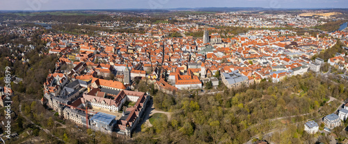 Aerial of the old town of the city regensburg in Germany on a sunny afternoon in summer 