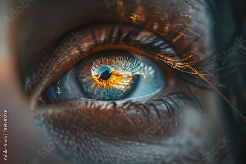 A detailed shot of an individual's eye, featuring a bright yellow iris