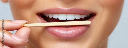 Close-up of a tongue depressor pressing down a tongue, detailed view of the throat, soft clinical light