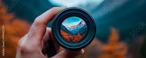 The reflection of a stunning mountain range seen in the lens of a photographer's camera, hinting at the shot they're about to take.