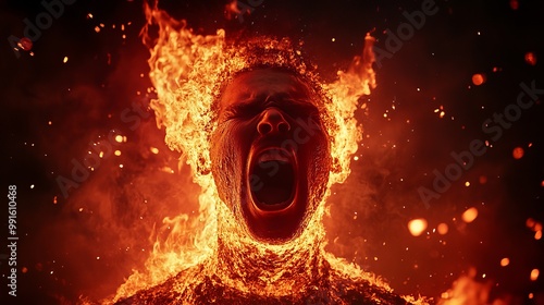 A man is furious, his anger is evident in his red-hot, lava-like appearance. He screams in rage, his frustration burning like the molten rock that coats his silhouette.