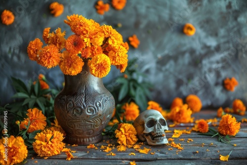 A decorative arrangement of flowers sits atop a table, accompanied by a skull