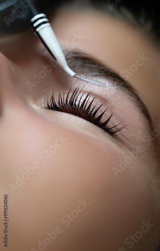 Beauty Close-up of a young woman having lashes lift lash lifting eyelashes brush enhanced with mascara by a beautician in beauty salon. Shaping eyelash correction, color, curler cosmetics, glue balm. 