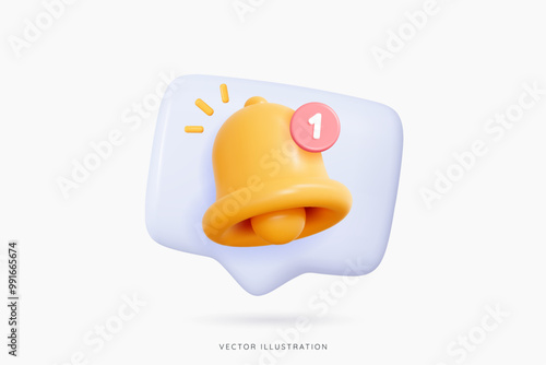 3D Speech bubble message with bell and new notification. Social media reminder. Chat notice. Subscribe to newsletter. Realistic design emoji icon isolated on white. 3D Vector illustration