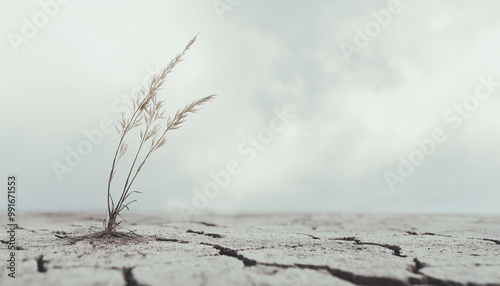 Uma planta seca fica em meio ao solo rachado e estéril sob um céu claro, simbolizando a desolação e a dureza dos ambientes áridos.