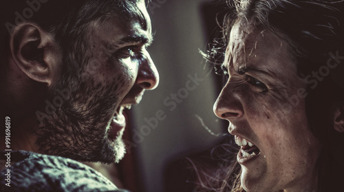 Intense confrontation between two people, faces close, shouting. Raw emotions of anger and aggression visible. in a man and woman, with tension and conflict in a passionate couple dispute