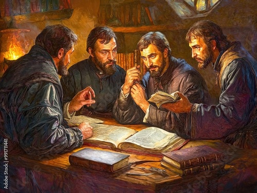 Scholars discussing manuscripts during the Protestant Reformation