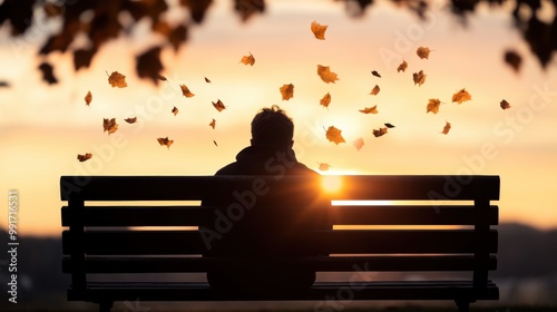 A lone figure sitting on a park bench, watching the sun set, the only sound the gentle rustling of leaves and the soft chirping of crickets.