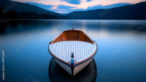 beautiful lake and boat, blue hour, vanishing point