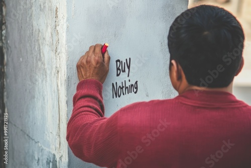 Man Writing Buy Nothing on Wall - Minimalist and Anti-Consumerism Concept