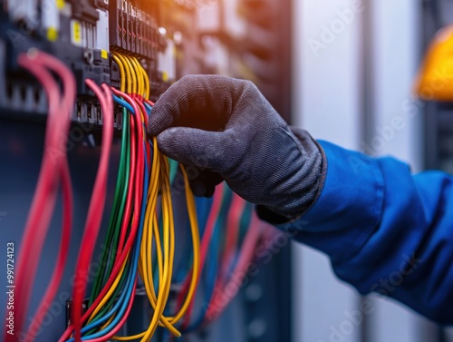 Electrician working on wires in a control panel, wearing gloves, with colorful cables, focused on task.