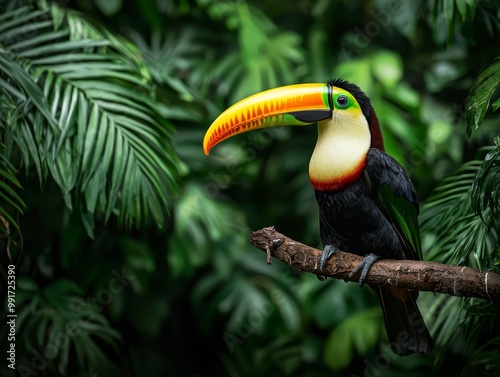 Vibrant Toucan Perched in Lush Tropical Canopy - Exotic Wildlife Closeup in Rainforest Paradise