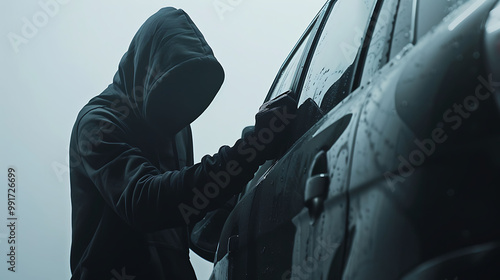 A person in a hooded jacket trying to break into a vehicle