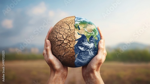 Urgent Global Message Fragile Earth Held in Hands, Stark Contrasts of Environment, Climate Change Concept. Close-Up View with Cracked and Green Planets, Moody Environmental Awareness