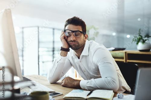 Man, sleeping and office for employee burnout, tired finance consultant and project mistake or fail. Male person, professional nap and workplace fatigue at desk, mental health and trader depression