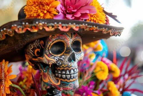 A skull wearing a somber crown surrounded by flowers in the background