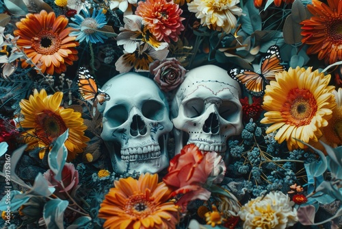 Two skulls sit amidst a bouquet of colorful flowers, creating an unexpected and intriguing scene