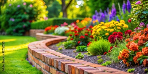 Beautiful brick edging in a landscaped garden creating a distinct border for flowers and plants