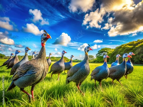 Beautiful Guinea Fowl Roaming in a Lush Green Field Under Bright Blue Sky on a Sunny Day