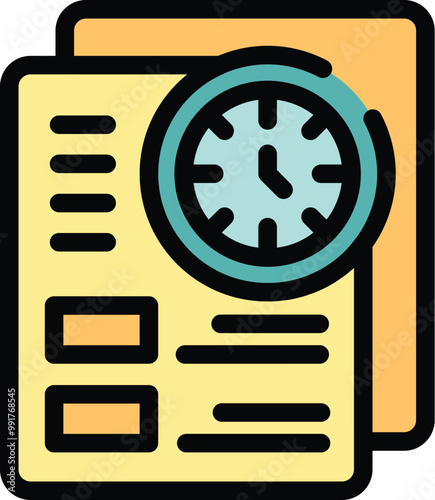 This vector illustration shows a clock on top of documents, representing the concept of time management and deadlines