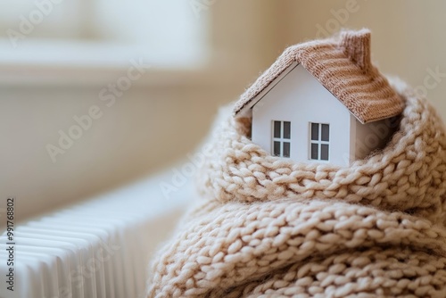 Warmly wrapping a small model house in a woolen scarf atop a white radiator for effective home insulation against winter cold