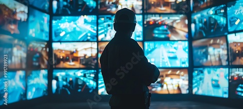 A vigilant security guard attentively observes multiple CCTV screens, ensuring the safety of the premises by monitoring various activities with keen awareness.