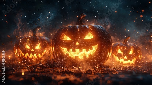  A group of Jack-o'-lantern pumpkins on a dark background with smoke emanating from their faces